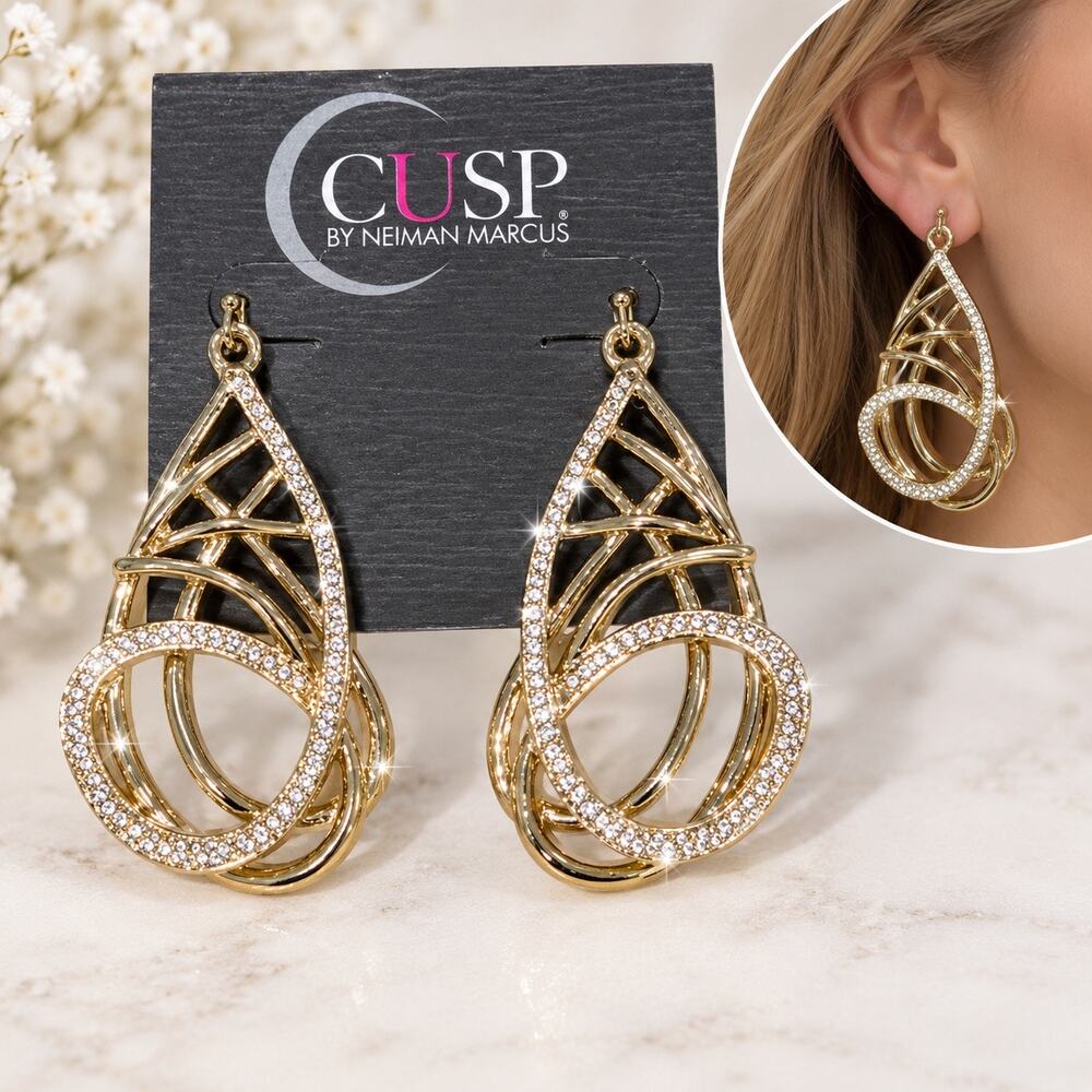 CUSP by Neiman Marcus Gold Crystal Rhinestone Statement Chandelier Earrings gift